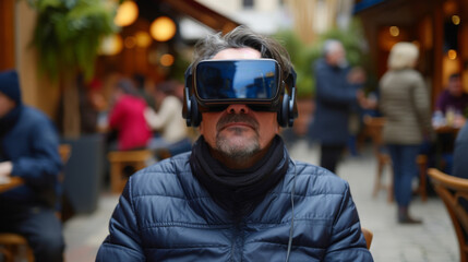 A man wearing virtual reality glasses is seated in an outdoor cafe, with unfocused patrons in the background, immersed in a digital experience