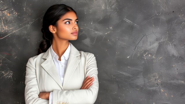 An elegant professional woman in a white blazer stands confidently against a textured dark background, looking to the side with ambition and poise