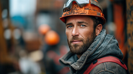 Fototapeta premium Portrait of a ma in uniform and helmet on the building background, concept of civil engineering