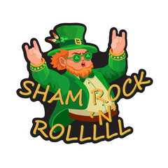 Shamrock and roll design. Saint Patricks Day festive composition with cheerful leprechaun isolated on a white background. Spring holiday March 17 Saint Patrick. Vector illustration.