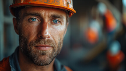 Fototapeta premium Portrait of a ma in uniform and helmet on the building background, concept of civil engineering