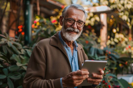 Smiling old man with gadgets