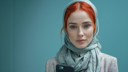 Red-haired executive in hijab, holding phone, on solid teal backdrop.