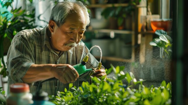 An elderly Asian man with a mustache uses epoxy to spray water on plants in the green garden of his home.