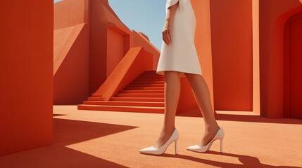 An elegant composition featuring a woman's legs in white high heels against a minimalist orange background, embodying modern fashion and simplicity