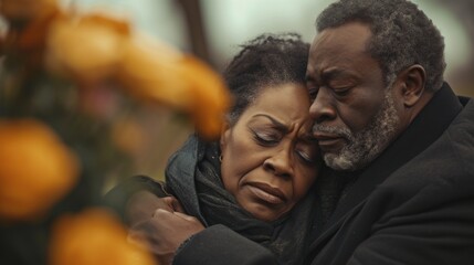 A tender and somber moment captured between an older African American couple embracing, with the woman appearing sorrowful or reflective as the man offers comfort