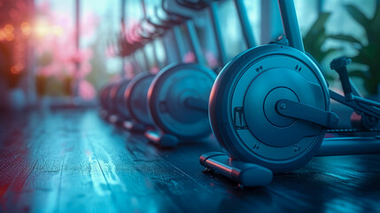 Exercise bike for cycling in a fitness club, gym and copy space