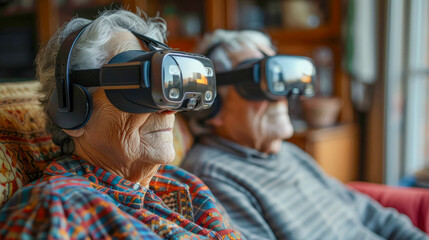 Elderly woman and man using virtual reality glasses at home