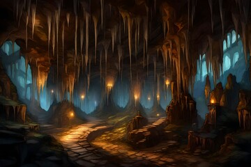 A mesmerizing underground cavern adorned with glistening stalactites and stalagmites.