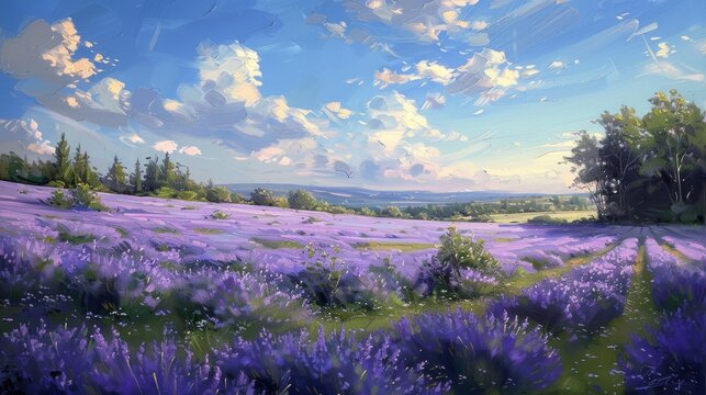 Lavender Field under a Painted Sky, Idyllic Rural Landscape