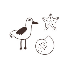 Monochrome beach seagull and shell. Vector doodle hand drawn black and white illustration posters t-shirts and stickers