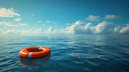 Fototapeta na wymiar An orange lifebuoy floating on the calm azure sea under a sunny sky with fluffy clouds