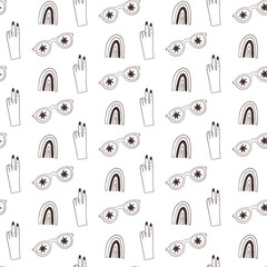 Monochrome cool vibes seamless pattern. Sunglasses with eye, rainbow, good sign hand wallpaper background