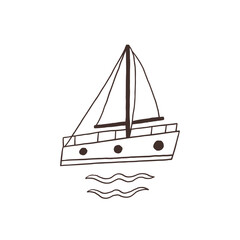 Monochrome sailboat with wave. Vector doodle hand drawn black and white illustration posters t-shirts and stickers