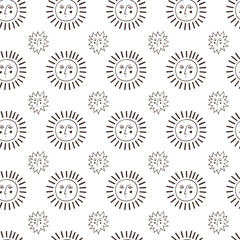 Monochrome sun face seamless pattern. Retro wallpaper background