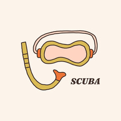 Vintage diving mask snorkel. Vector retro hand drawn groovy illustration posters t-shirts and stickers