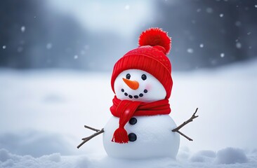Obraz premium Happy cute snowman with a red scarf and hat stands on his head upside down in the snow 
