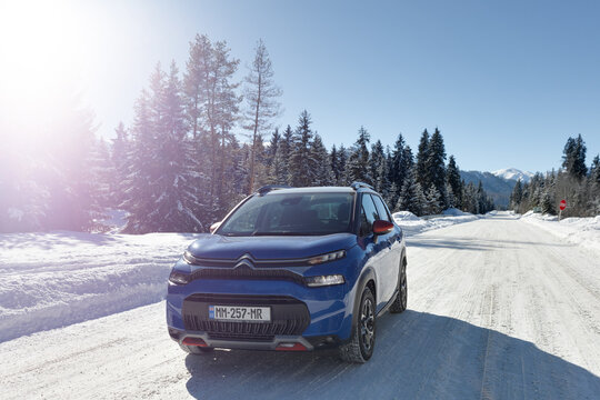 Bakuriani, Georgia - January 23 2024: Citroen C3 Aircross is a mini crossover SUV from Citroen. It is parked for photoshoot in snow