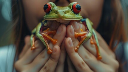 Little red-eyed frog in the girl's hand - obrazy, fototapety, plakaty