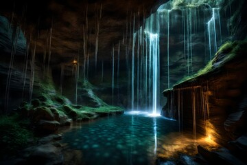 An underground waterfall, where the cave's interior is bathed in the falling water's glow.