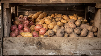 A pile of potatoes ranging in size and shape sits in a wooden crate. The different shades of brown from light tan to deep russet represent the numerous varieties of this versatile