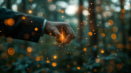 Hand touch digital hud interface futuristic technology in natural background