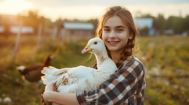A young woman holding a white goose stands and smiles looking at the camera on a farm.