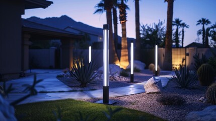 Panoramic Photo of LED Light Posts Illuminated Backyard Garden During Night Hours. Modern Backyard Outdoor Lighting Systems. - obrazy, fototapety, plakaty