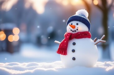 Christmas decoration with a cute cheerful snowman in the snow in a winter park with beautiful bokeh