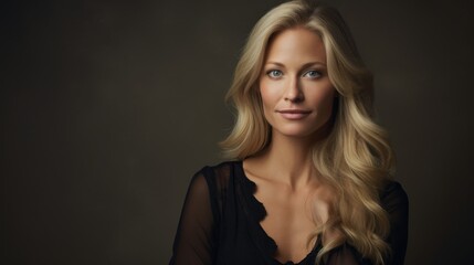 Naklejka premium beautiful blonde woman with blue eyes, well-groomed long hair, clean radiant skin, Natural beauty looking into the camera on a dark background from a copy space. Cosmetology, cosmetics, care concepts.