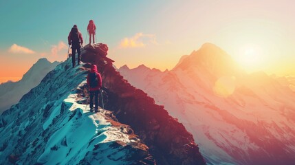Mountain Climbers on a Snow-Covered Ridge at Sunset - obrazy, fototapety, plakaty