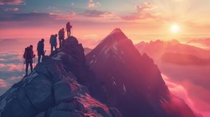 Adventurous Couple Hiking at Sunrise on a Majestic Mountain - obrazy, fototapety, plakaty