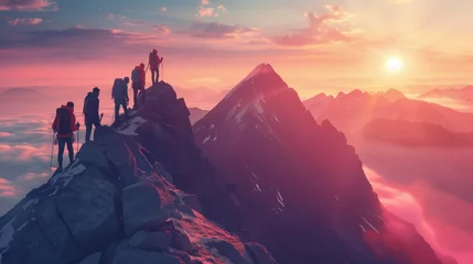 Gordijnen Adventurous Couple Hiking at Sunrise on a Majestic Mountain © Sven