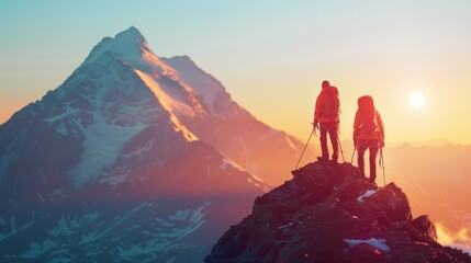 Mountain Adventurers at Sunrise: Hiking the Snowy Peaks