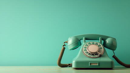 Retro telephone on table in front mint green background, generative ai - obrazy, fototapety, plakaty