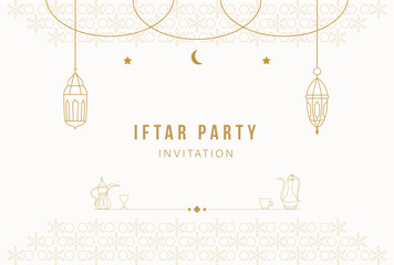 Iftar Party Ramadan Invitation greeting card poster template design with crescent and lantern monoline vector illustration. - obrazy, fototapety, plakaty