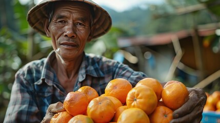 Elderly farmer with freshly harvested oranges - obrazy, fototapety, plakaty