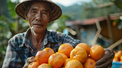 Deurstickers Elderly farmer with freshly harvested oranges © somchai20162516