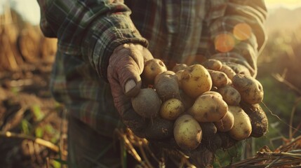 Mature farmer with freshly harvested raw potatoes - obrazy, fototapety, plakaty