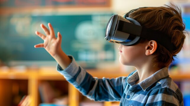 Side view portrait of little boy wearing VR headset and reaching out while testing augmented technology in school laboratory, copy space