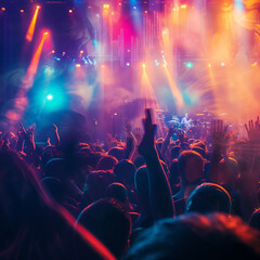 Fototapeta na wymiar Dynamic Nightclub Scene: A Crowded Dancefloor during a Musical Concert Show. The Full Nightclub is Alive with People Having Fun and Enjoying the Music. The Energetic Crowd Waves Hands in Excitement.