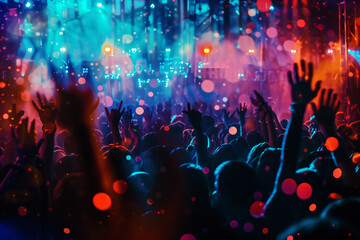 Fototapeta na wymiar Dynamic Nightclub Scene: A Crowded Dancefloor during a Musical Concert Show. The Full Nightclub is Alive with People Having Fun and Enjoying the Music. The Energetic Crowd Waves Hands in Excitement.