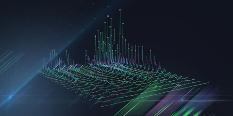 Abstract background color graph with white circles and noisy lines on dark. Interlacement  technology data concept in virtual space. Big Data. Banner for business, science and technology data.