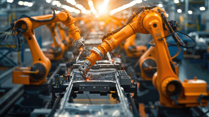 Automotive assembly line technology of robotic manufacturing, yellow robotic arms work in harmony, meticulously assembling a line of luxury cars, manufacturing, automotive industry innovation