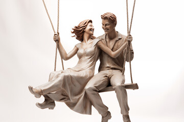 Beautiful sculpture of romantic young couple in a swing, in the white background. Love couple concept.