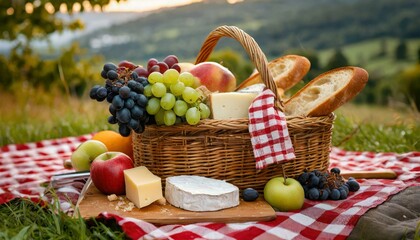 Overflowing wicker picnic basket with colorful fruit and cheese on a red and white checkered blanket spread on green grass, perfect for a summer picnic.
