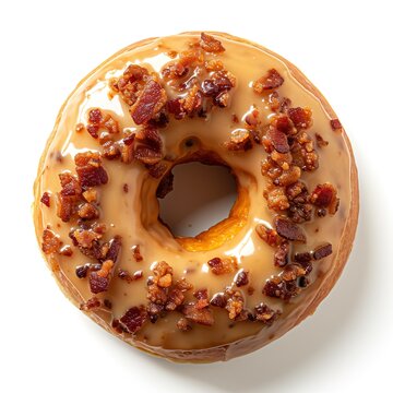 Top view of a single maple glazed donut with rainbow sprinkles isolated on a white transparent background