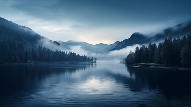 landscape of foggy lake with overcast sky and dark scenery at the morning, mysterious lake background and wallpaper