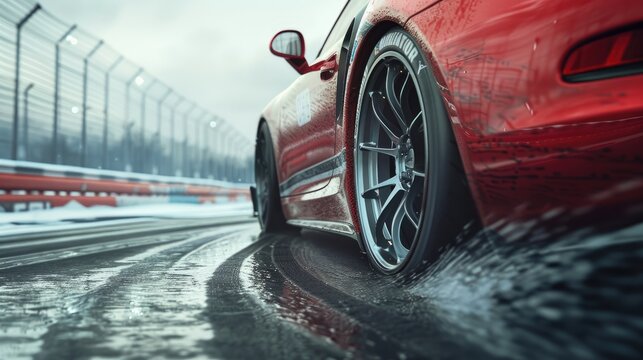 Red Sports Car Drifting on a Wet Race Track with Dynamic Motion Blur