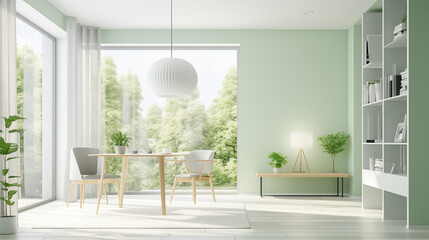 Bright modern kitchen interior with a window, olive green colors, appartment background